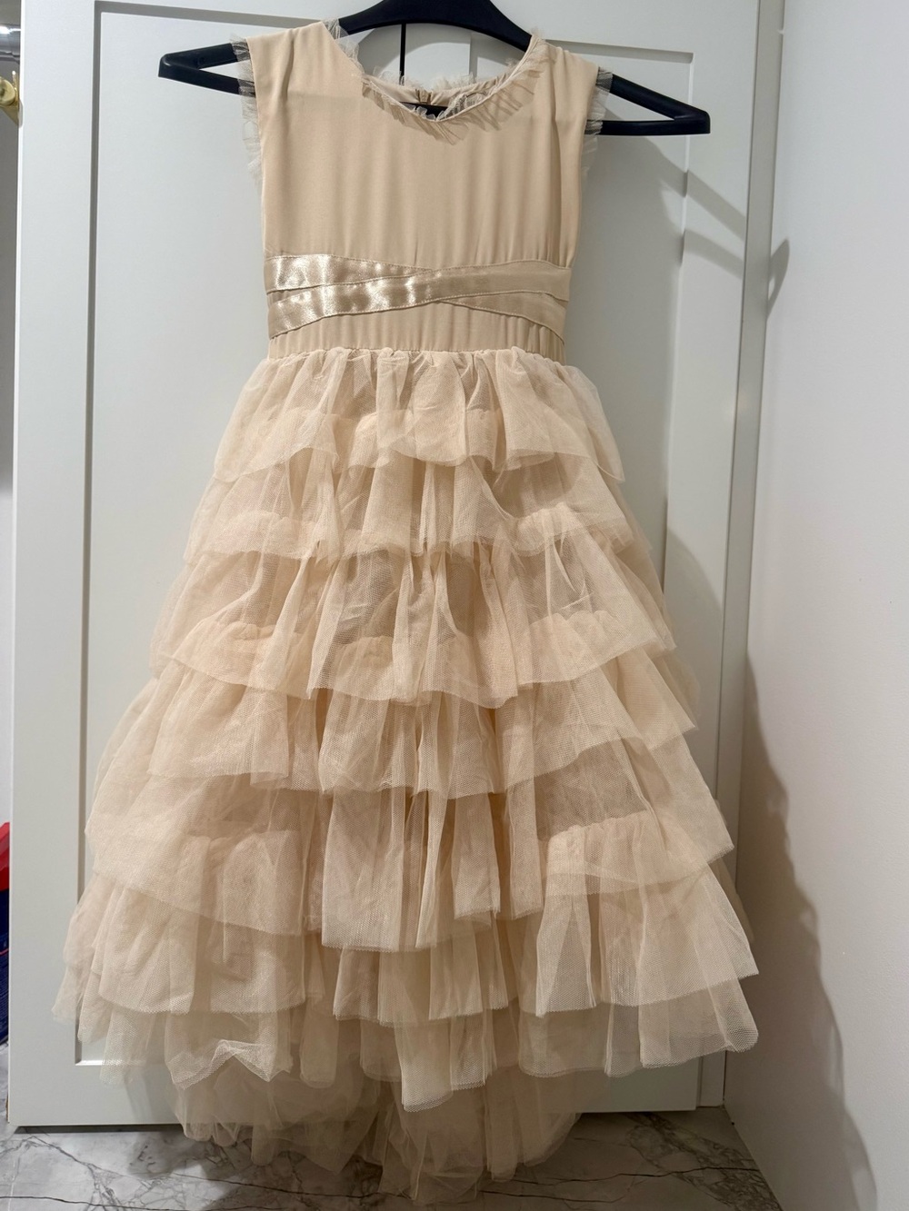 Girls Cream Ruffled Tulle Party Dress